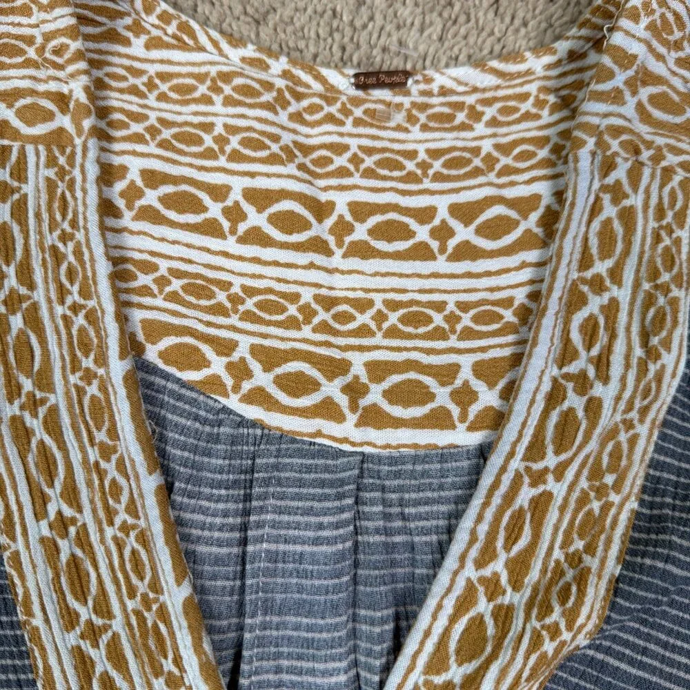 Free People Mini Dress Womens M Blue Gold Bohemian Lightweight Pockets Tunic Top - Picture 3 of 7